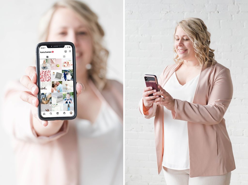 First image is a woman showing you her phone and the second is her looking at her photos on her phone.