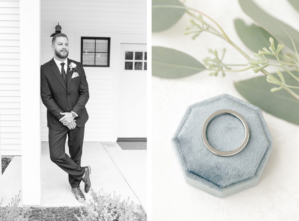 Wedding details including rings, flowers, and invitations at Mackenzie & Russell’s Shelbyville Michigan Bay Pointe Inn wedding