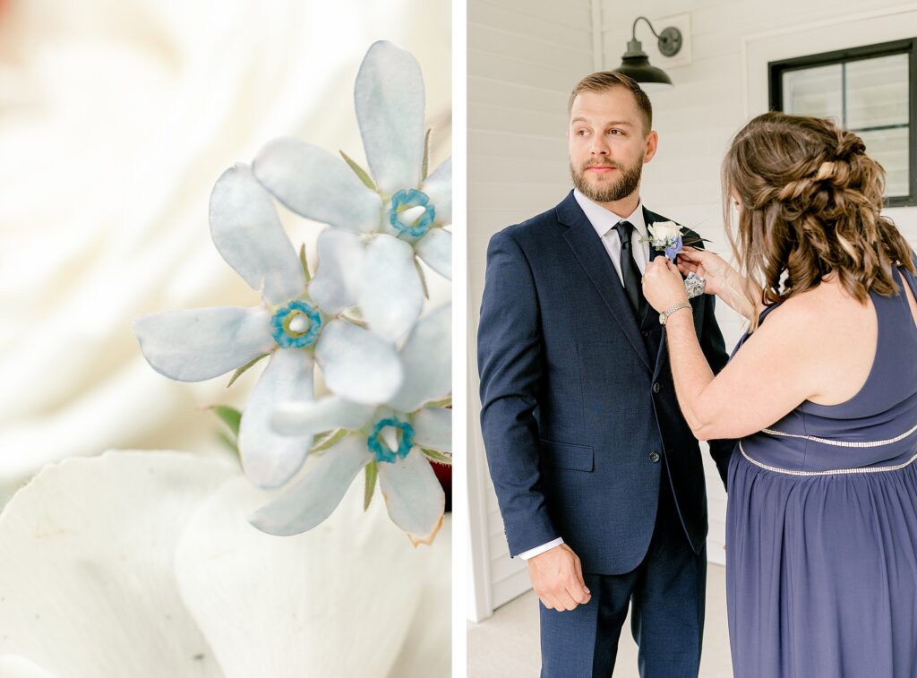 Wedding details including rings, flowers, and invitations at Mackenzie & Russell’s Shelbyville Michigan Bay Pointe Inn wedding