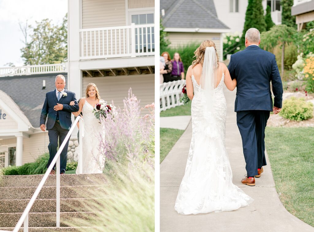 Ceremony at Bay Pointe Inn Pavilion during Mackenzie & Russell’s Shelbyville Michigan wedding with sunset over Gun Lake