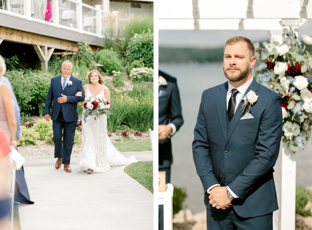 Ceremony at Bay Pointe Inn Pavilion during Mackenzie & Russell’s Shelbyville Michigan wedding with sunset over Gun Lake