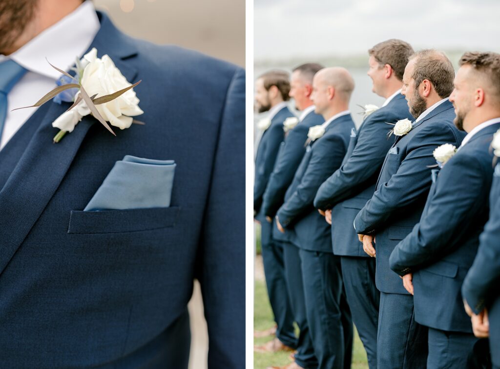 Ceremony at Bay Pointe Inn Pavilion during Mackenzie & Russell’s Shelbyville Michigan wedding with sunset over Gun Lake