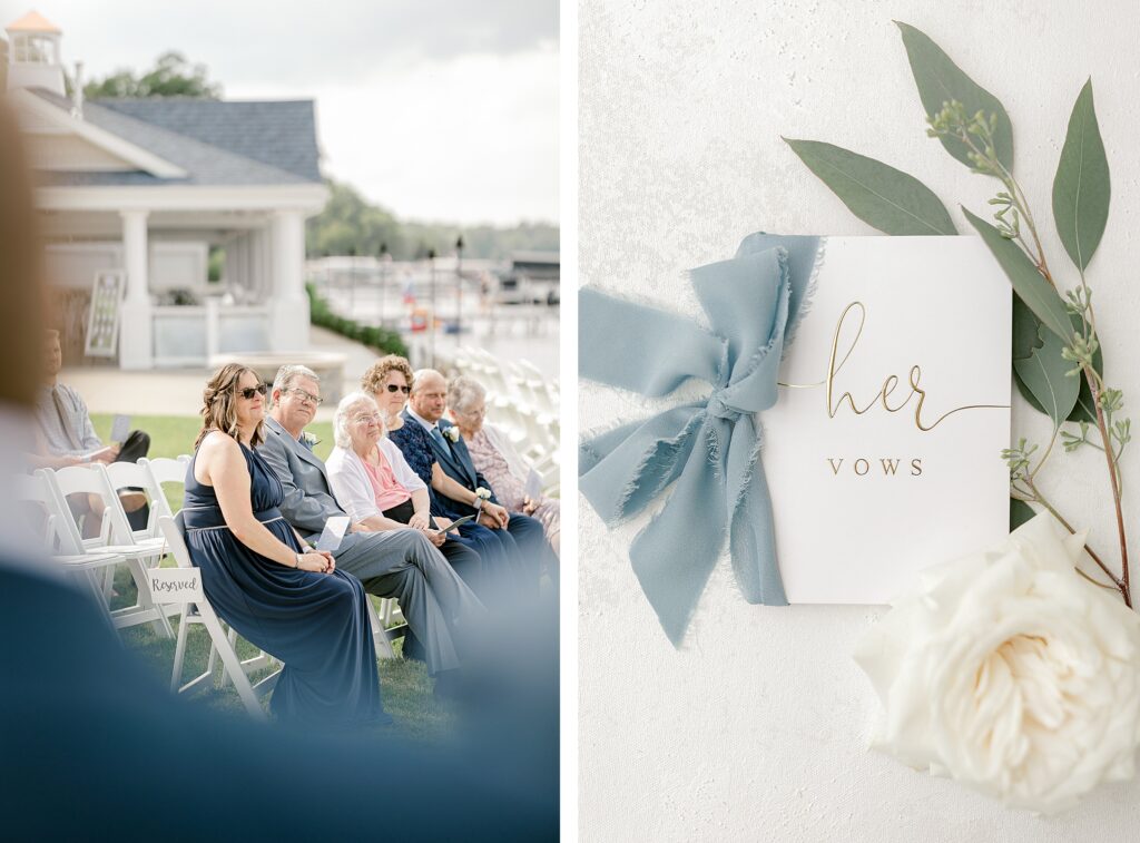 Ceremony at Bay Pointe Inn Pavilion during Mackenzie & Russell’s Shelbyville Michigan wedding with sunset over Gun Lake