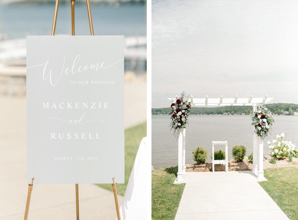 Ceremony at Bay Pointe Inn Pavilion during Mackenzie & Russell’s Shelbyville Michigan wedding with sunset over Gun Lake