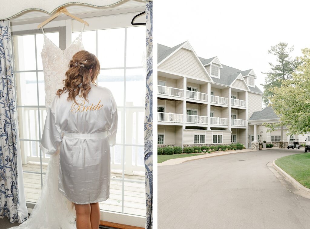 Wedding details including rings, flowers, and invitations at Mackenzie & Russell’s Shelbyville Michigan Bay Pointe Inn wedding