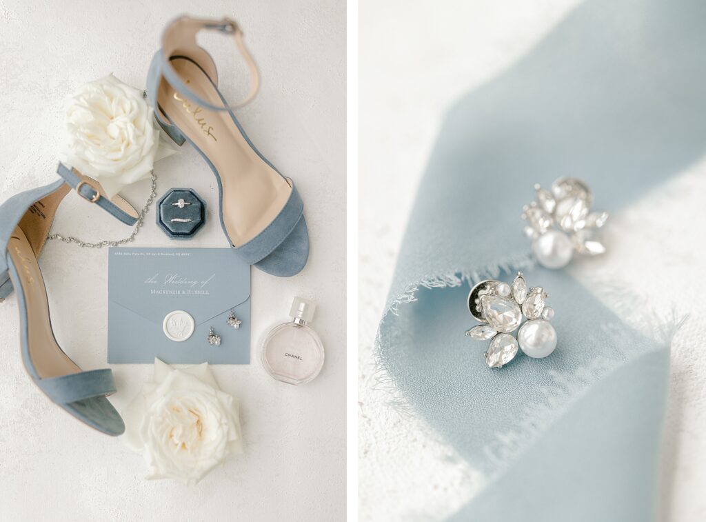 Wedding details including rings, flowers, and invitations at Mackenzie & Russell’s Shelbyville Michigan Bay Pointe Inn wedding