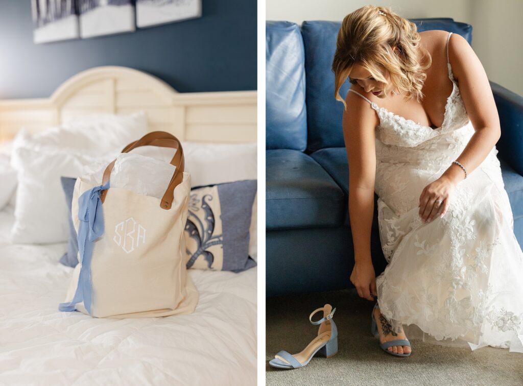 Wedding details including rings, flowers, and invitations at Mackenzie & Russell’s Shelbyville Michigan Bay Pointe Inn wedding