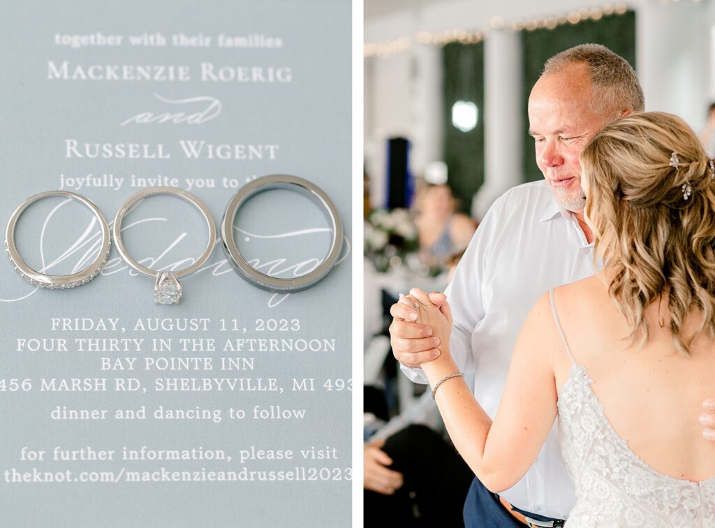 Reception at Bay Pointe Inn for Mackenzie & Russell’s Shelbyville Michigan wedding with summer décor and details