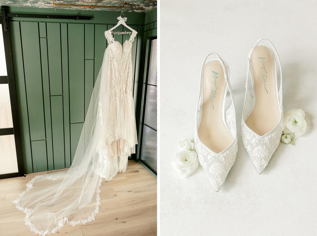 Wedding gown on a custom hanger in the Spruce bridal suite at Hidden Grove Estate and Lace Betsey Johnson bridal heels with white ranunculus at Hidden Grove Estate