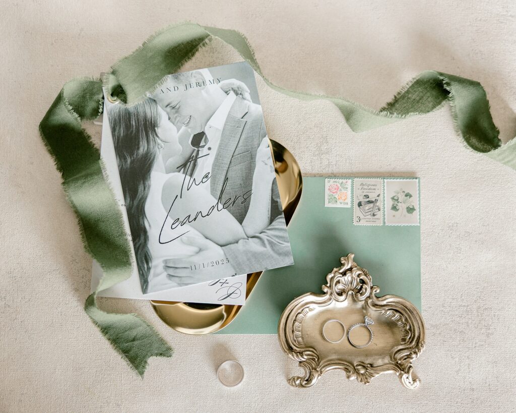Wedding invitation suite with green ribbon and a vintage ring box for a BRIX on Fox wedding