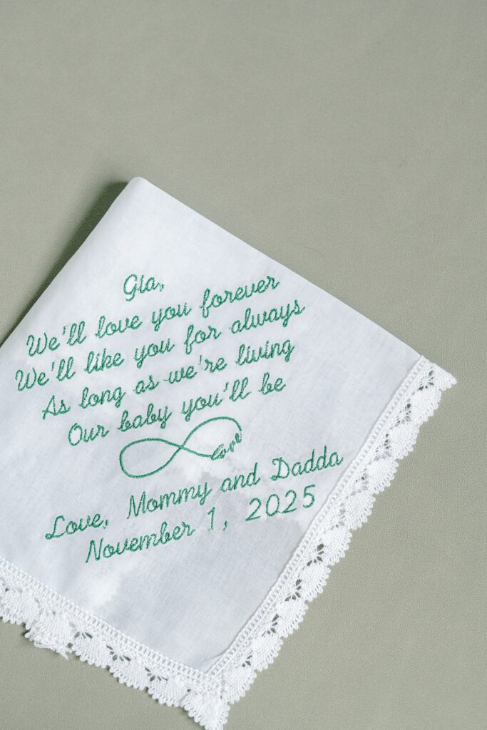 Embroidered handkerchief gift for the bride from her parents