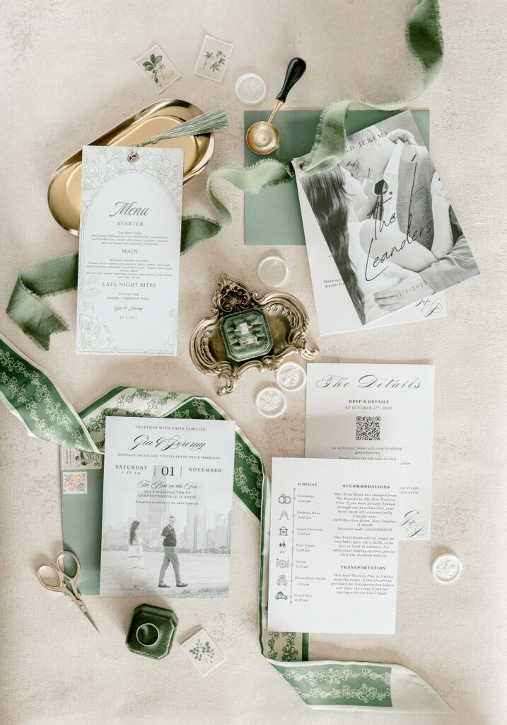 Wedding stationery with green ribbon, wax seal and menu card