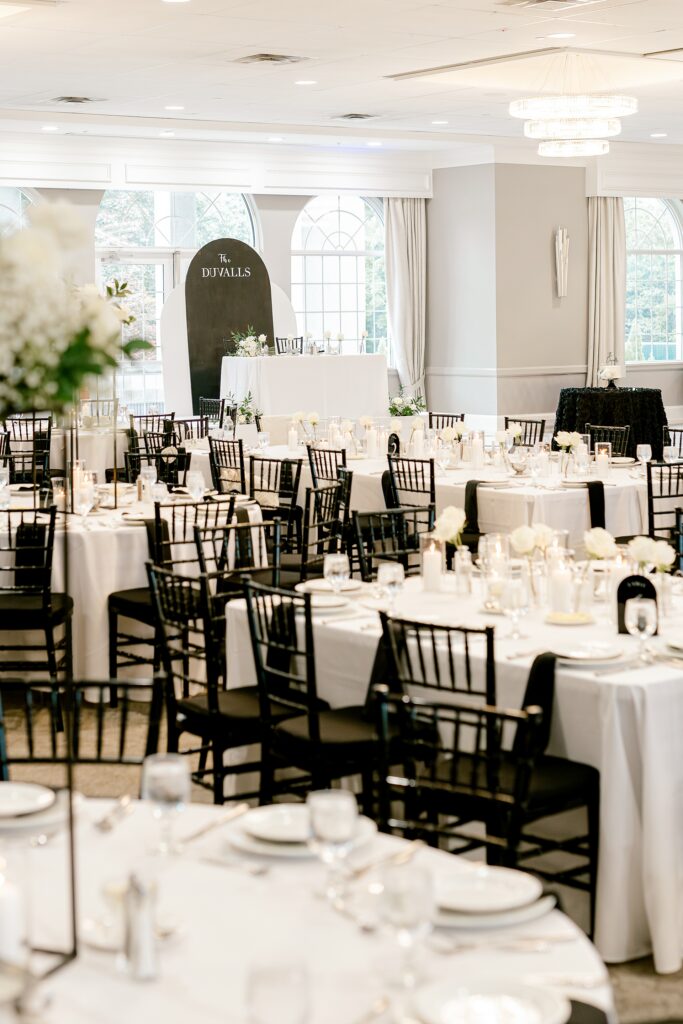 Ballroom reception at the Italian American Club of Livonia with black chairs