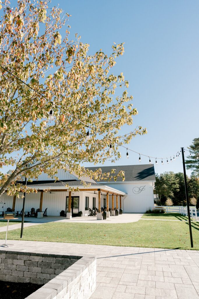 Fall tree and string lights over the patio at Ivy House wedding venue