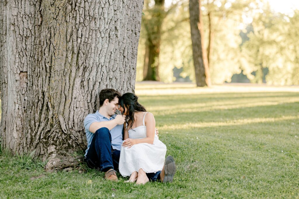 Engaged couple sitting under a large tree at sunset at Riverside Park in Grand Rapids