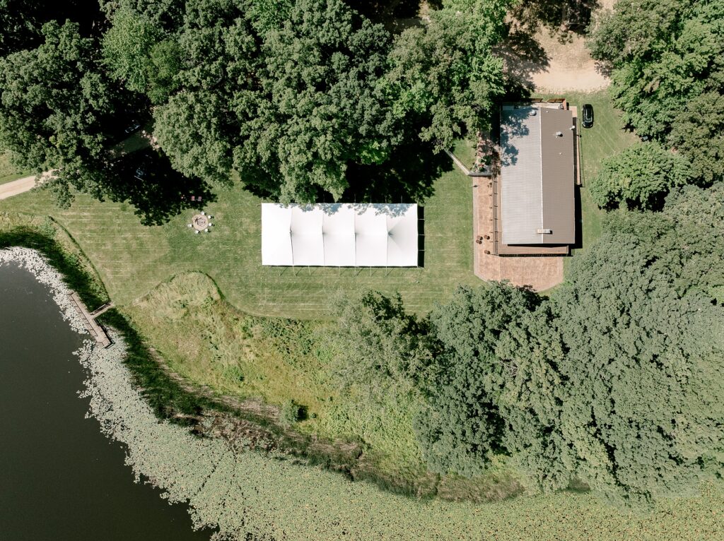 Aerial view of Waltman Lake Lodge on the lake in Pierson, Michigan