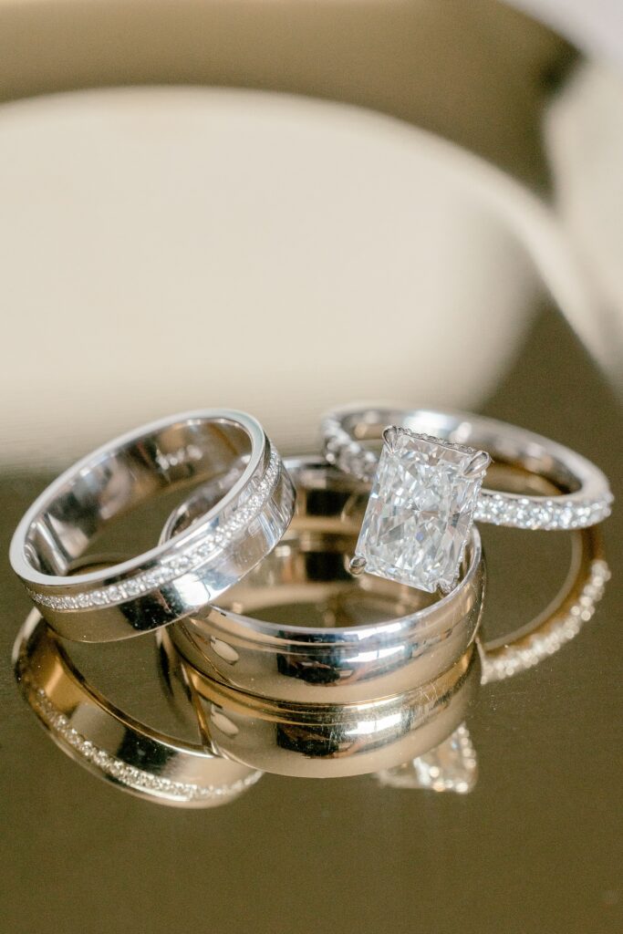 Wedding bands and engagement ring detail