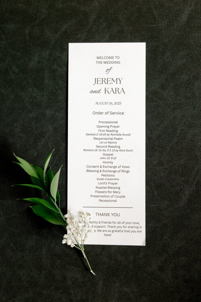 Wedding ceremony program with greenery