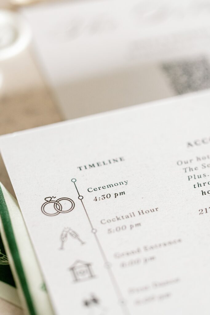Close-up of a wedding day timeline card