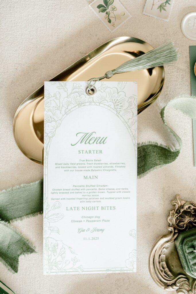 Wedding menu card styled with gold details